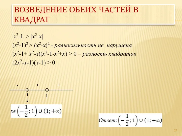 ВОЗВЕДЕНИЕ ОБЕИХ ЧАСТЕЙ В КВАДРАТ |x2-1| > |x2-x| (x2-1)2 >