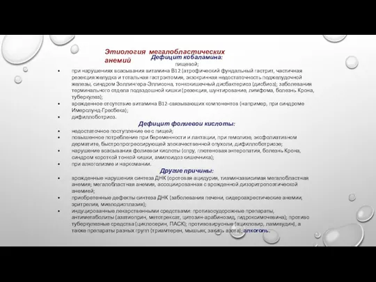 Дефицит кобаламина: пищевой; при нарушениях всасывания витамина В12 (атрофический фундальный