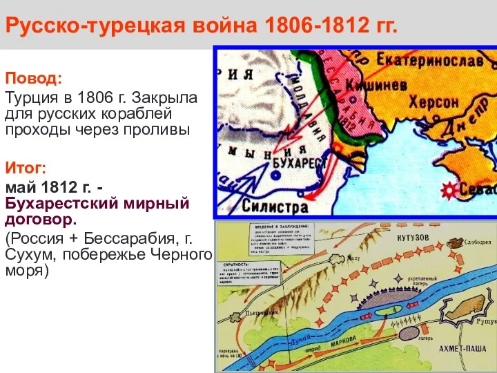 Русско-турецкая война 1806-1812 гг. Повод: Турция в 1806 г. Закрыла