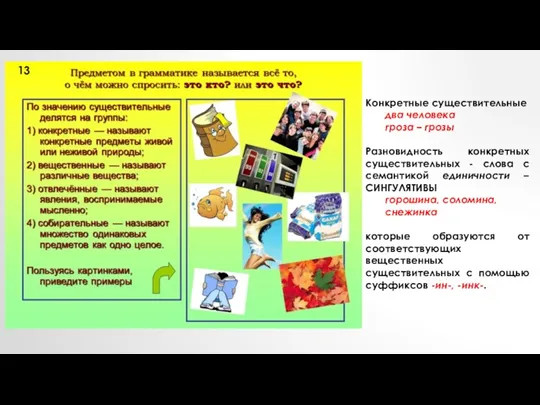 Конкретные существительные два человека гроза – грозы Разновидность конкретных существительных