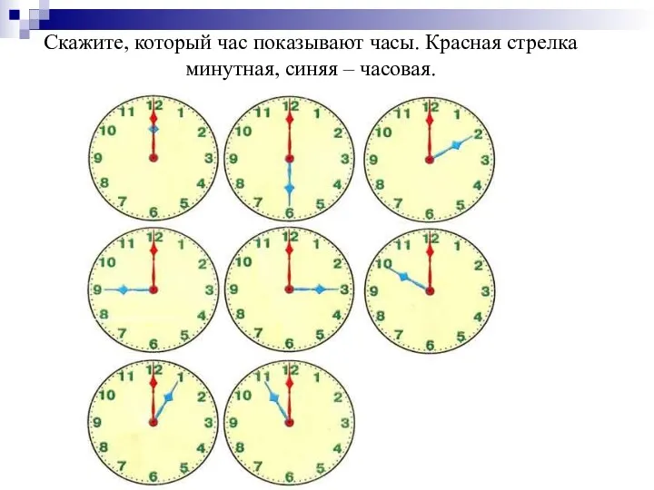 Скажите, который час показывают часы. Красная стрелка минутная, синяя – часовая.
