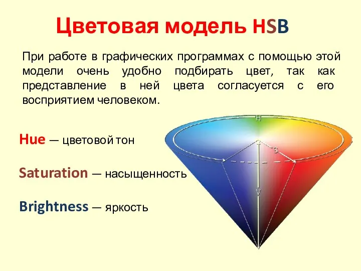 Цветовая модель HSB Hue — цветовой тон Saturation — насыщенность