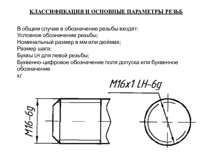 КЛАССИФИКАЦИЯ И ОСНОВНЫЕ ПАРАМЕТРЫ РЕЗЬБ В общем случае в обозначение