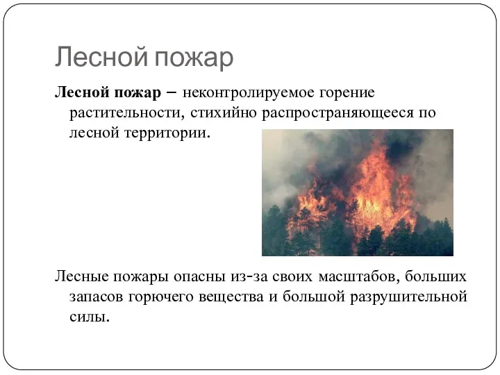 Лесной пожар Лесной пожар – неконтролируемое горение растительности, стихийно распространяющееся по лесной территории.