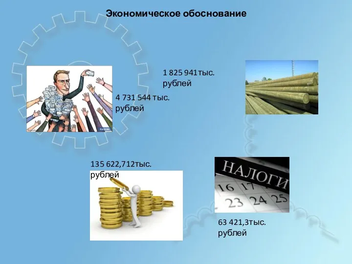 Экономическое обоснование 135 622,712тыс.рублей 4 731 544 тыс. рублей 1 825 941тыс.рублей 63 421,3тыс.рублей