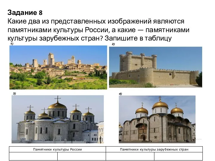 Задание 8 Какие два из представленных изображений являются памятниками культуры России, а какие