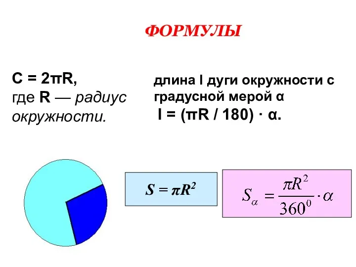ФОРМУЛЫ S = πR2 C = 2πR, где R —