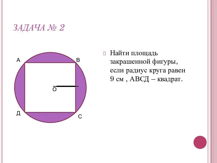 ЗАДАЧА № 2 Найти площадь закрашенной фигуры, если радиус круга равен 9 см