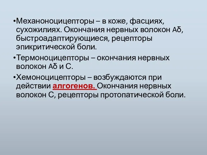 Механоноцицепторы – в коже, фасциях, сухожилиях. Окончания нервных волокон Aδ,