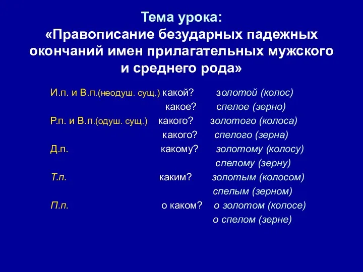 Тема урока: «Правописание безударных падежных окончаний имен прилагательных мужского и