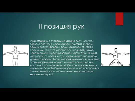 II позиция рук Руки отведены в сторону на уровне плеч,