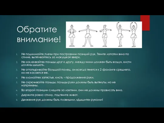 Обратите внимание! Не поднимайте плечи при построении позиций рук. Тяните