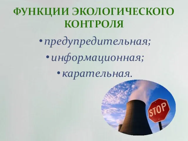 ФУНКЦИИ ЭКОЛОГИЧЕСКОГО КОНТРОЛЯ предупредительная; информационная; карательная.