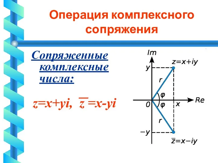 Операция комплексного сопряжения Сопряженные комплексные числа: ⎯ z=x+yi, z =x-yi