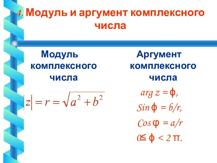 4. Модуль и аргумент комплексного числа Модуль комплексного числа Аргумент