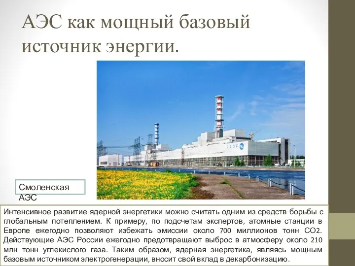 АЭС как мощный базовый источник энергии. Интенсивное развитие ядерной энергетики