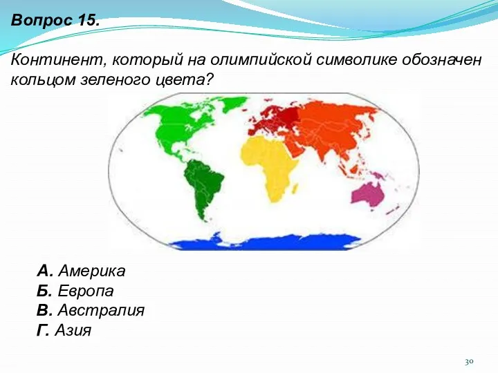 Вопрос 15. Континент, который на олимпийской символике обозначен кольцом зеленого