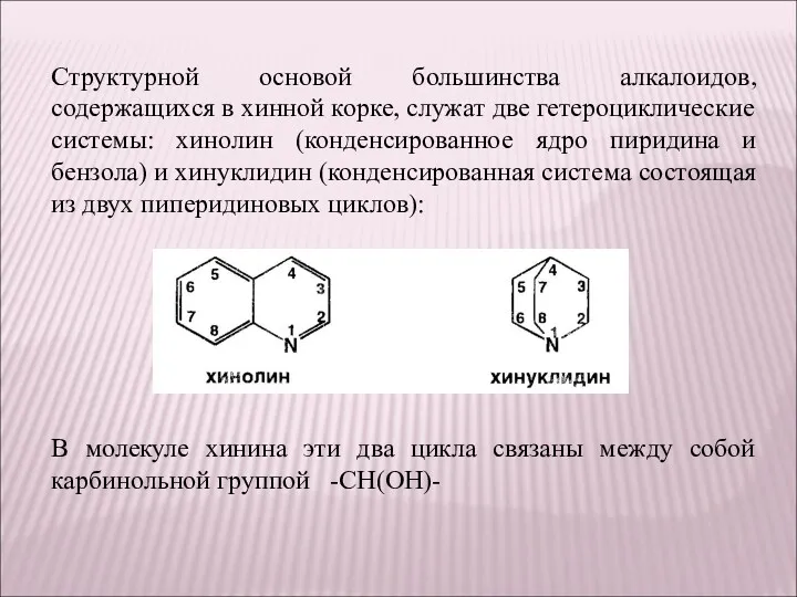 Структурной основой большинства алкалоидов, содержащихся в хинной корке, служат две