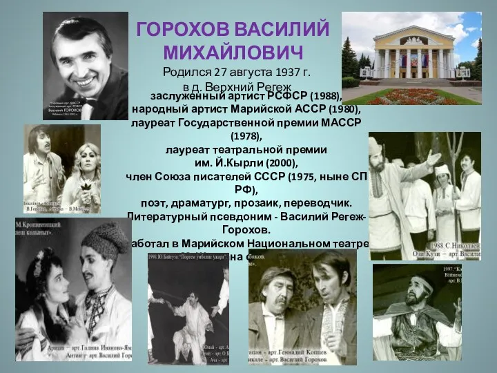 заслуженный артист РСФСР (1988), народный артист Марийской АССР (1980), лауреат