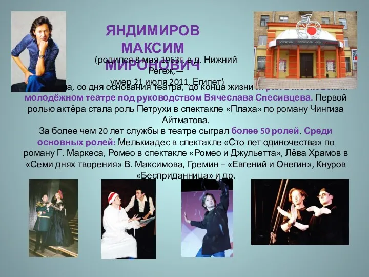 С 1986 года, со дня основания театра, до конца жизни играл в Московском