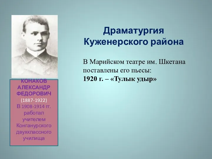 КОНАКОВ АЛЕКСАНДР ФЕДОРОВИЧ (1887-1922) В 1908-1914 гг. работал учителем Конганурского двухклассного училища В