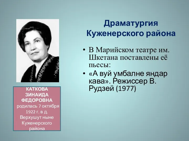 Драматургия Куженерского района В Марийском театре им. Шкетана поставлены её