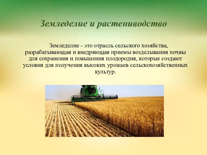 Земледелие и растениводство Земледелие - это отрасль сельского хозяйства, разрабатывающая