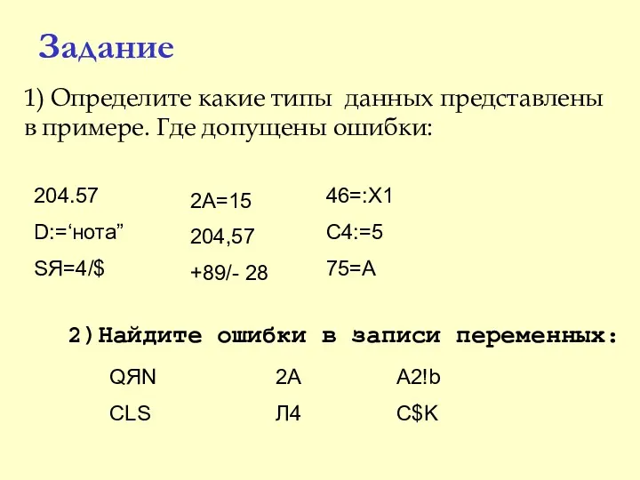 2)Найдите ошибки в записи переменных: QЯN CLS 2A Л4 A2!b