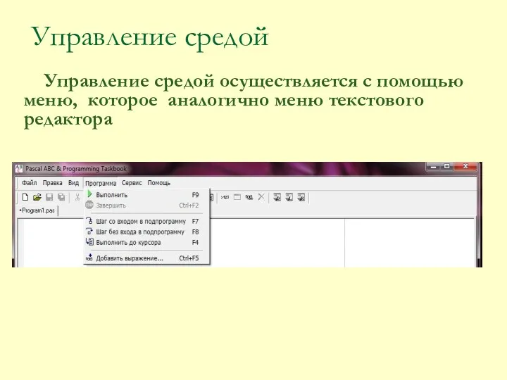 Управление средой Управление средой осуществляется с помощью меню, которое аналогично меню текстового редактора