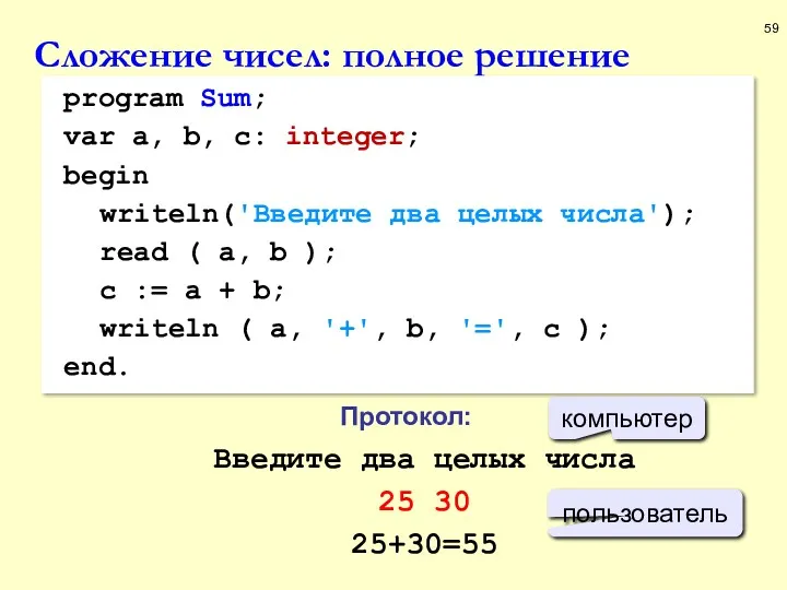 Сложение чисел: полное решение program Sum; var a, b, c: