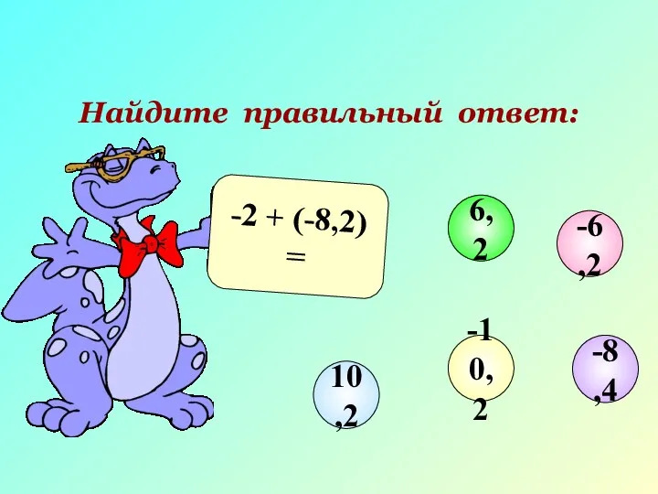 Найдите правильный ответ: -2 + (-8,2) = -6,2 6,2 10,2 -10,2 -8,4