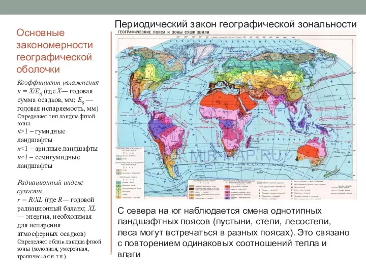 Основные закономерности географической оболочки Периодический закон географической зональности Коэффициент увлажнения