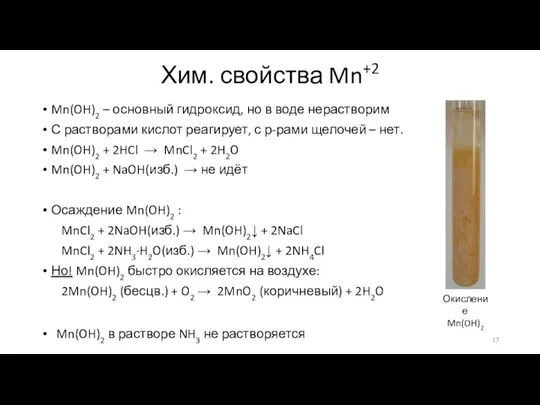 Хим. свойства Mn+2 Mn(OH)2 – основный гидроксид, но в воде