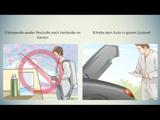 7.Verwende weder Pestizide noch Herbizide im Garten 8.Halte dein Auto in gutem Zustand