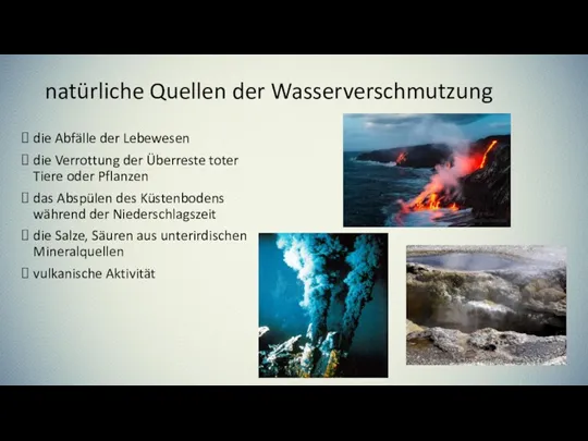 natürliche Quellen der Wasserverschmutzung die Abfälle der Lebewesen die Verrottung