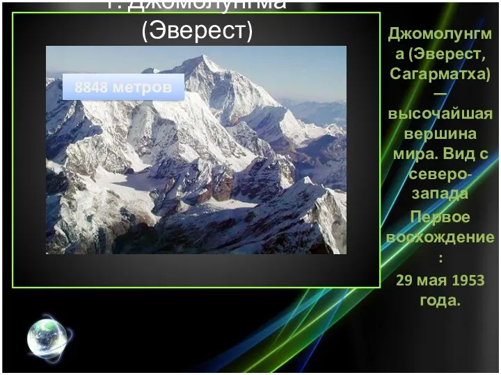 г. Джомолунгма (Эверест) Джомолунгма (Эверест, Сагарматха) — высочайшая вершина мира.