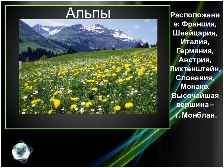 Альпы Расположение: Франция, Швейцария, Италия, Германия, Австрия, Лихтенштейн, Словения, Монако. Высочайшая вершина – г. Монблан.