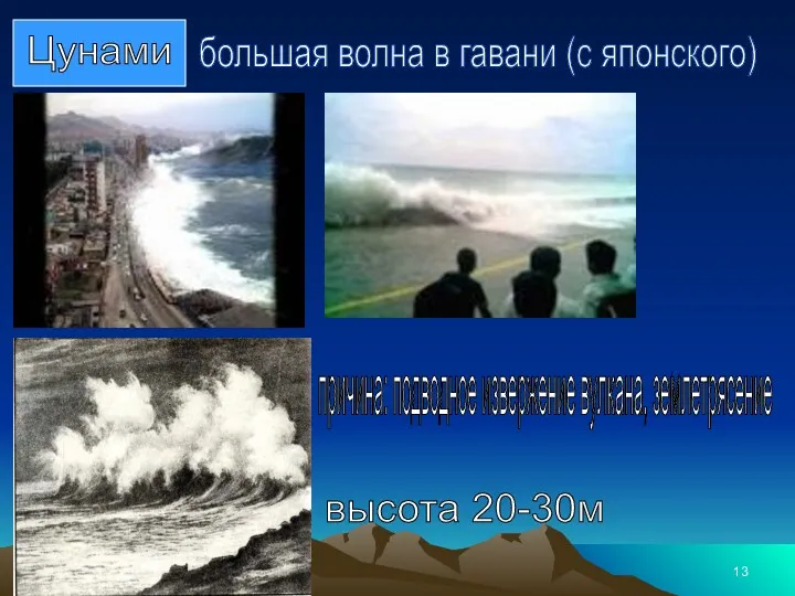 Цунами большая волна в гавани (с японского) причина: подводное извержение вулкана, землетрясение высота 20-30м