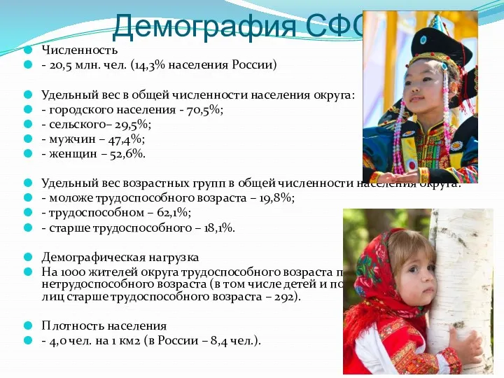 Демография СФО. Численность - 20,5 млн. чел. (14,3% населения России)