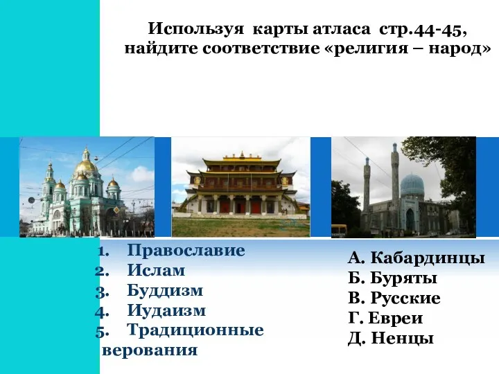 Используя карты атласа стр.44-45, найдите соответствие «религия – народ» Православие