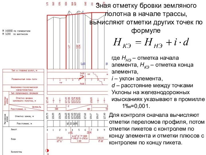 Зная отметку бровки земляного полотна в начале трассы, вычисляют отметки