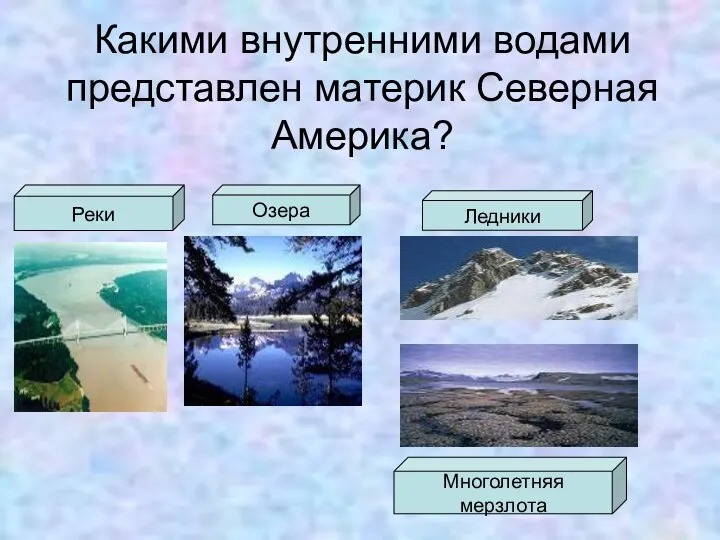 Какими внутренними водами представлен материк Северная Америка? Реки Озера Ледники Многолетняя мерзлота