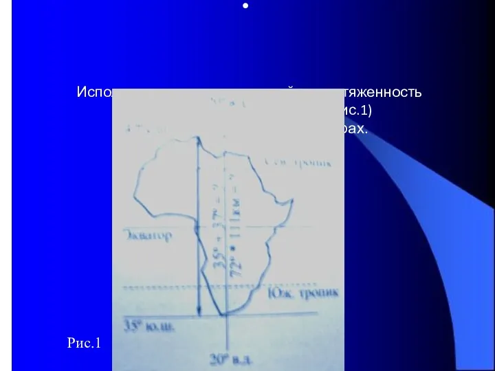 Используя рисунки, рассчитайте протяженность материка с севера на юг (рис.1) в градусной мере и километрах. Рис.1