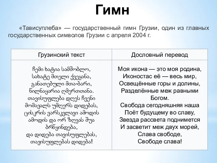 Гимн «Тависуплеба» — государственный гимн Грузии, один из главных государственных символов Грузии с апреля 2004 г.