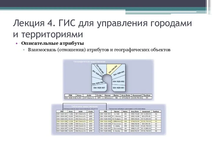 Лекция 4. ГИС для управления городами и территориями Описательные атрибуты Взаимосвязь (отношения) атрибутов и географических объектов