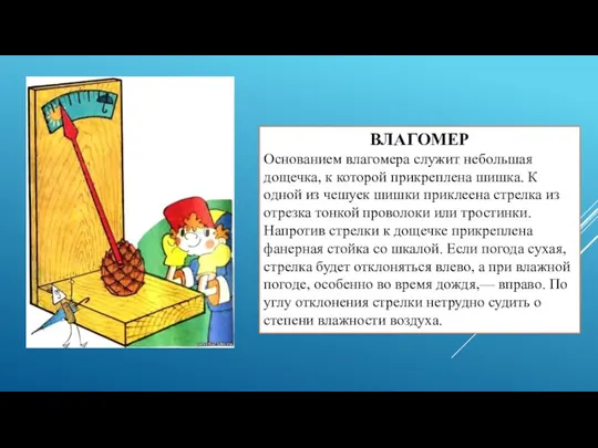 ВЛАГОМЕР Основанием влагомера служит небольшая дощечка, к которой прикреплена шишка.