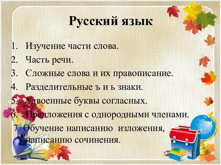 Русский язык Изучение части слова. Часть речи. Сложные слова и