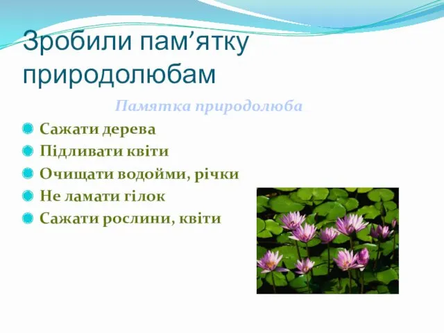 Зробили пам’ятку природолюбам Памятка природолюба Сажати дерева Підливати квіти Очищати