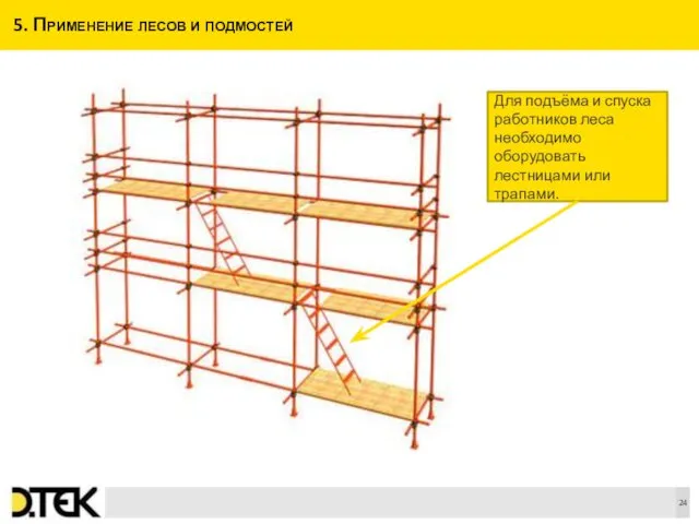 5. Применение лесов и подмостей Для подъёма и спуска работников леса необходимо оборудовать лестницами или трапами.