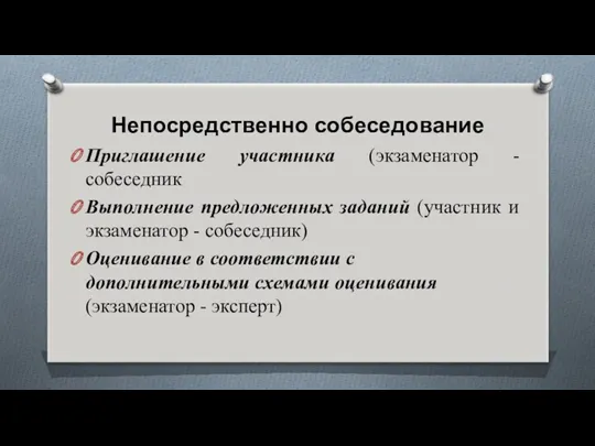 Непосредственно собеседование Приглашение участника (экзаменатор -собеседник Выполнение предложенных заданий (участник